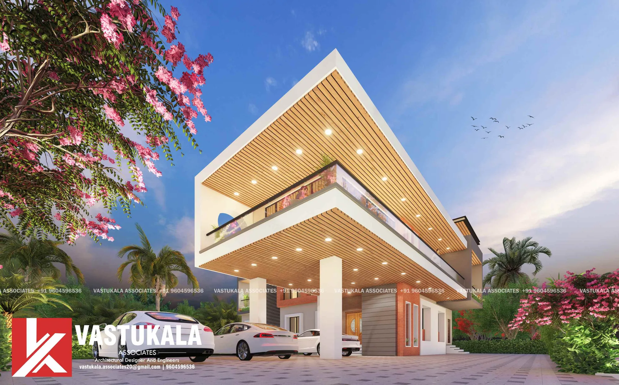 Evening design visualization of a contemporary luxury residence designed by Vastukala Associates at Sanaswadi, Pune