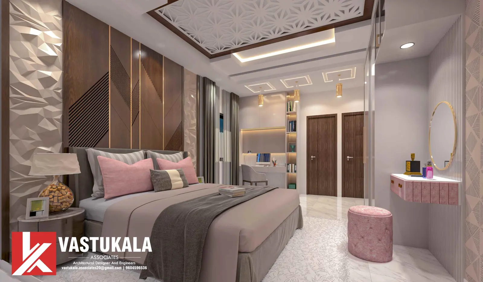 Interior design visualization of a master bedroom suite with warm material palette