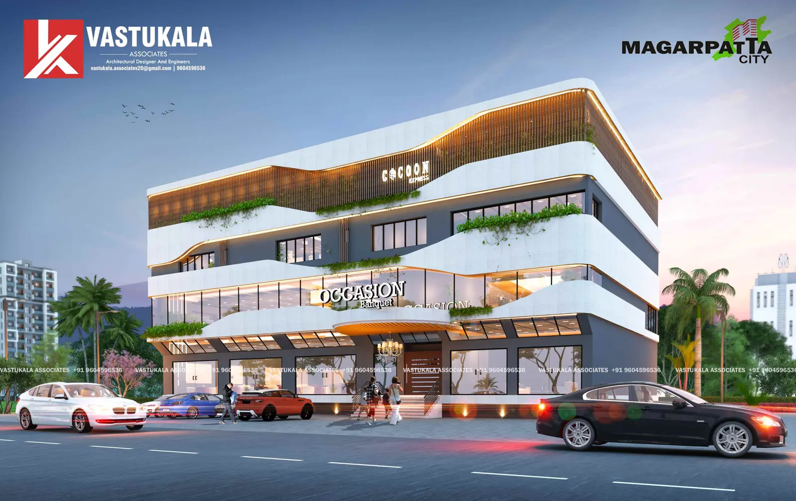 Design visualization of a modern commercial complex at Magarpatta, Hadapsar, Pune