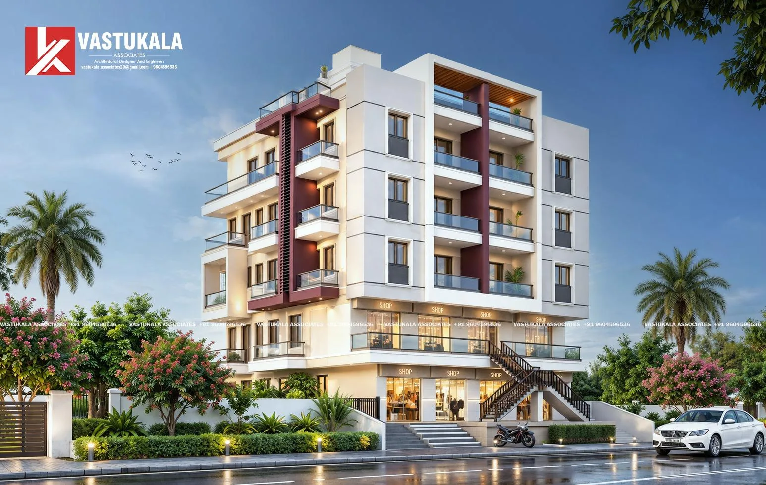 Evening design visualization of an apartment building with ground-floor retail shops in Pune, Maharashtra