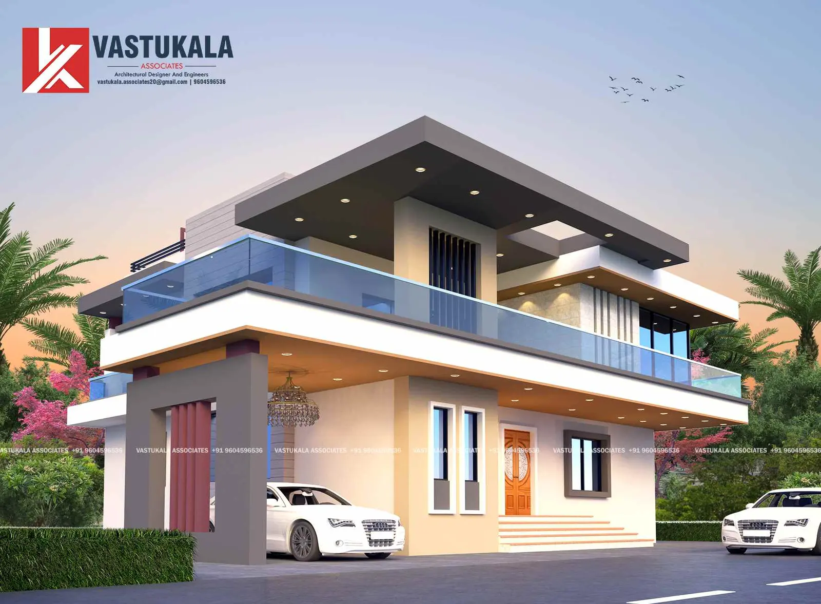 Design visualization of a modern bungalow with cantilevered terrace at Sahajpur, Pune