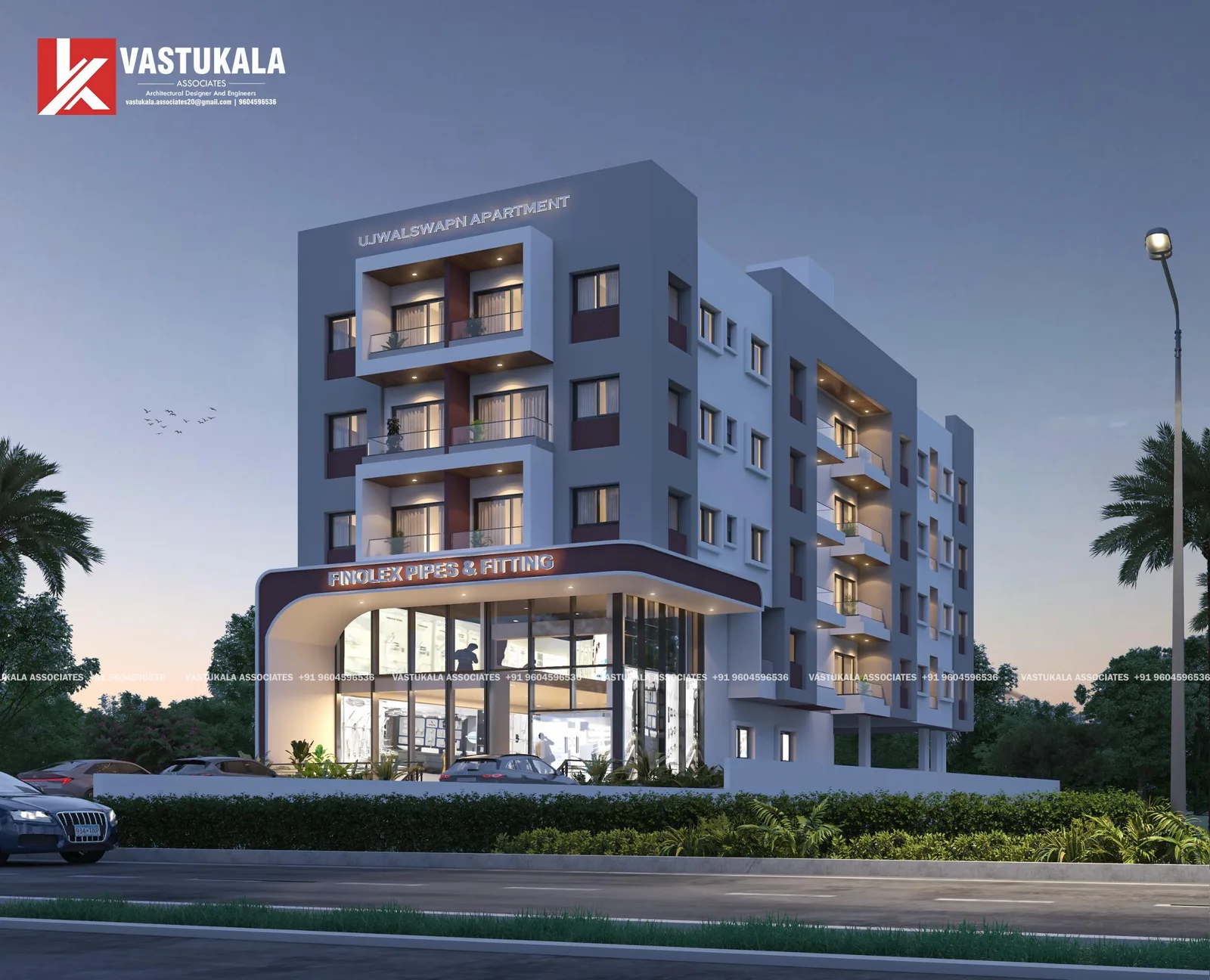 Evening design visualization of the Ujwalswapn Apartment building with ground-floor retail in Pune, Maharashtra